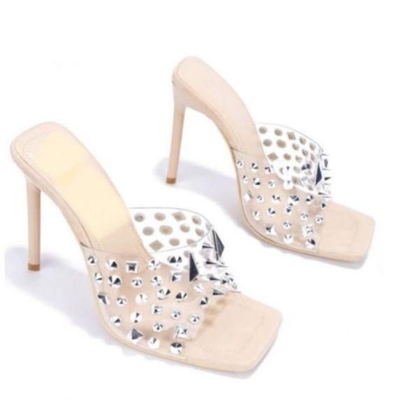 Shoes - !! NEW !! Clear Studded Mules in Nude